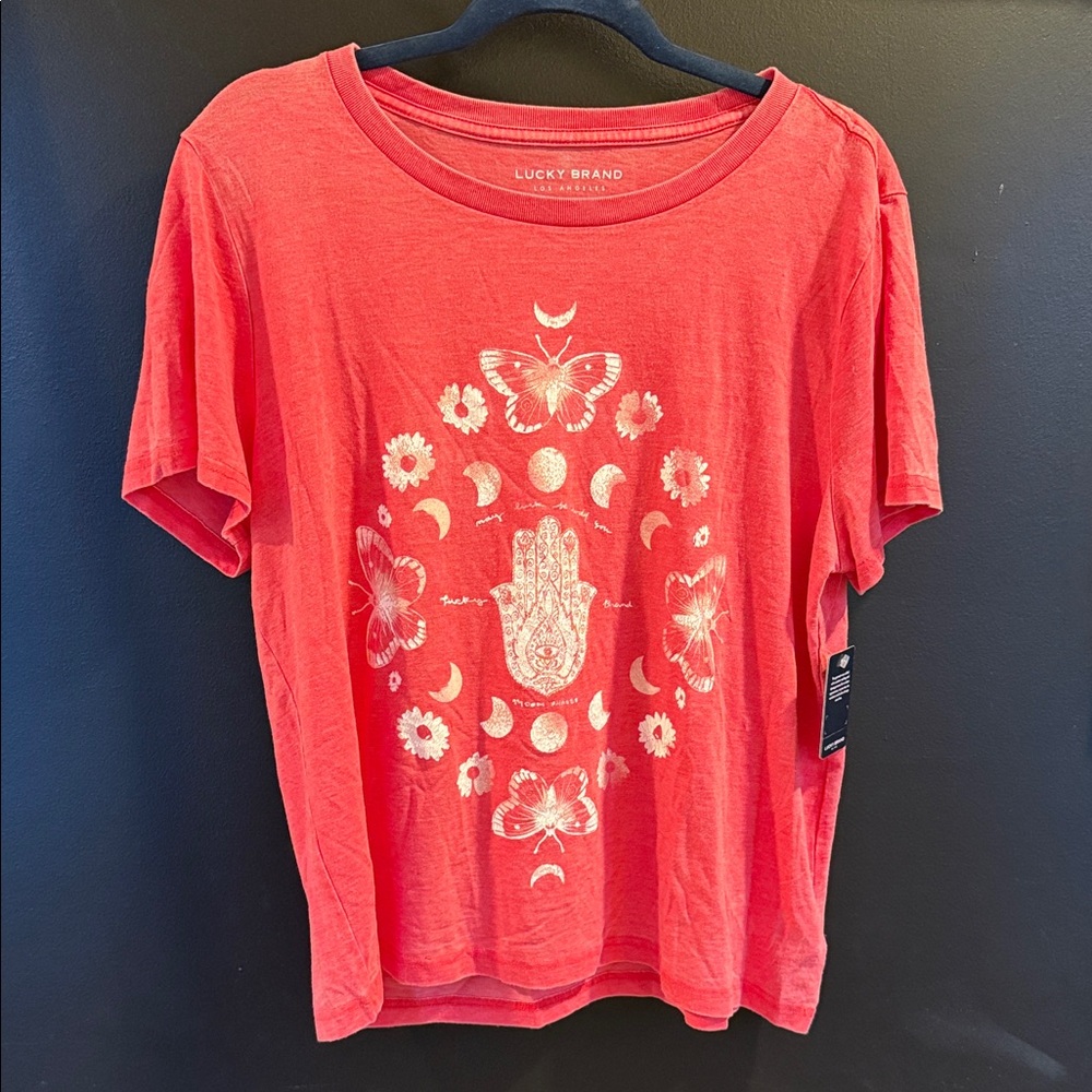 Lucky Brand Hamsa Butterfly Moon Graphic Tee – Coral Red, Size L, NWT
